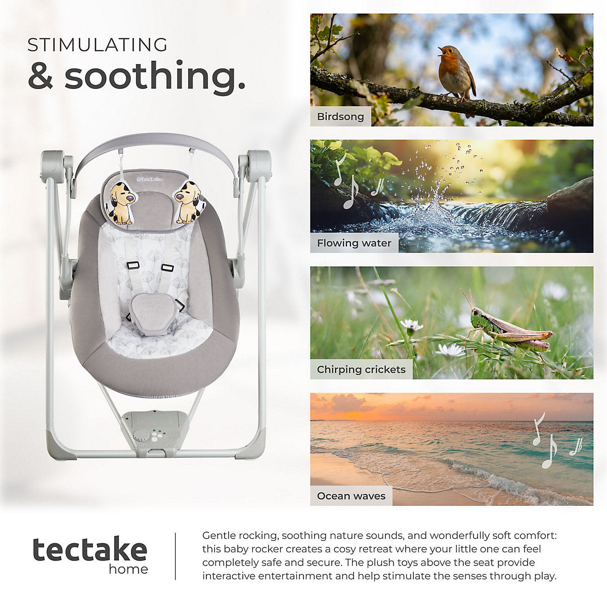Tectake Babyschaukel 75,5 x 56 x 68 cm – 5 Geschwindigkeitsstufen/Timer – 4 Geräusche – Hellgrau