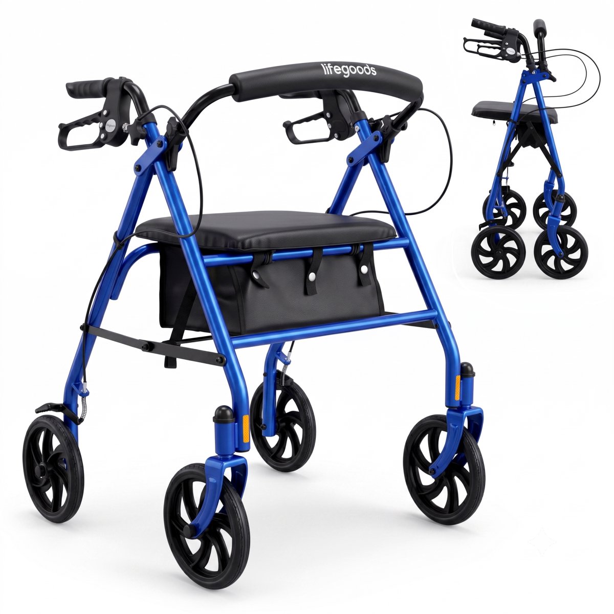 LifeGoods Basic Rollator – leicht und zusammenklappbar – mit Sitz und Rückenlehne – höhenverstellbar von 79 bis 89 cm – Tragkraft 136 kg – 66 x 59 x 79–89 cm – dunkelblau
