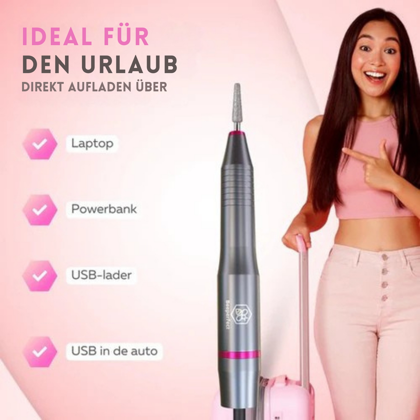 Beeperfect® - Elektrische Nagelfeile - Maniküre- und Pediküreset - 12 Bits und 60 Schleifrollen - Grau