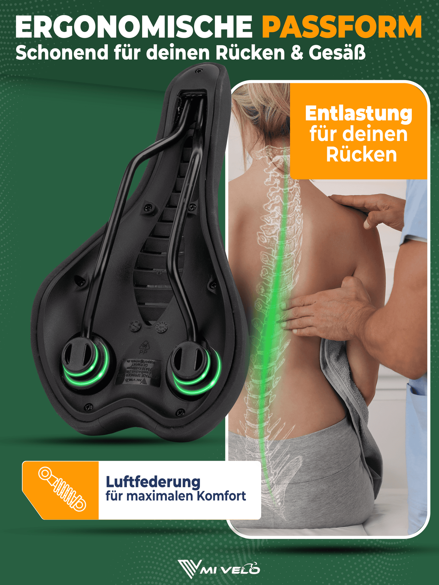 MIVELO - Comfort Pro MTB Fahrradsattel - Ergonomisch mit Memory Foam - 100% Wasserdicht - 28 cm x 14 cm - Schwarz