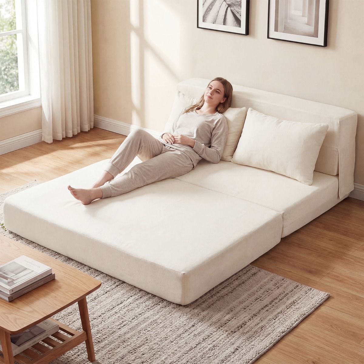 Coast 3-in-1-Schlafsofa – klappbarer Liegestuhl – Chenille-Bezug – beige/grau