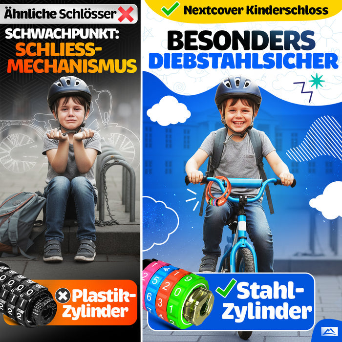 NEXTCOVER® Kinderfahrradschloss mit 4-stelligem Zahlencode I Kinderfahrradschloss - Ideal für Roller, Fahrräder & mehr I Kombinationsschloss Fahrrad mit bunten Zahlen - Rollerschloss Extra robust & sicher