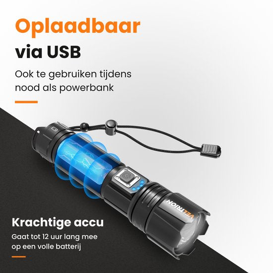 Veltrion LED-Taschenlampe, wiederaufladbar – Kostenloses Zubehör – Militärtaschenlampe – 6000 Lumen – 26650-Akku – 5 Leuchtstufen – Powerbank-Funktion – Taschenlampe mit Akkus – Notfallpaket