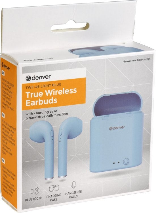 Denver TWE-46 - Ohrhörer - Drahtlos - Drahtlose Ohrhörer - Bluetooth - mit Ladeetui - Freisprecheinrichtung - Sport - Headset - In-Ear - Bluetooth 5.0 - Hellblau