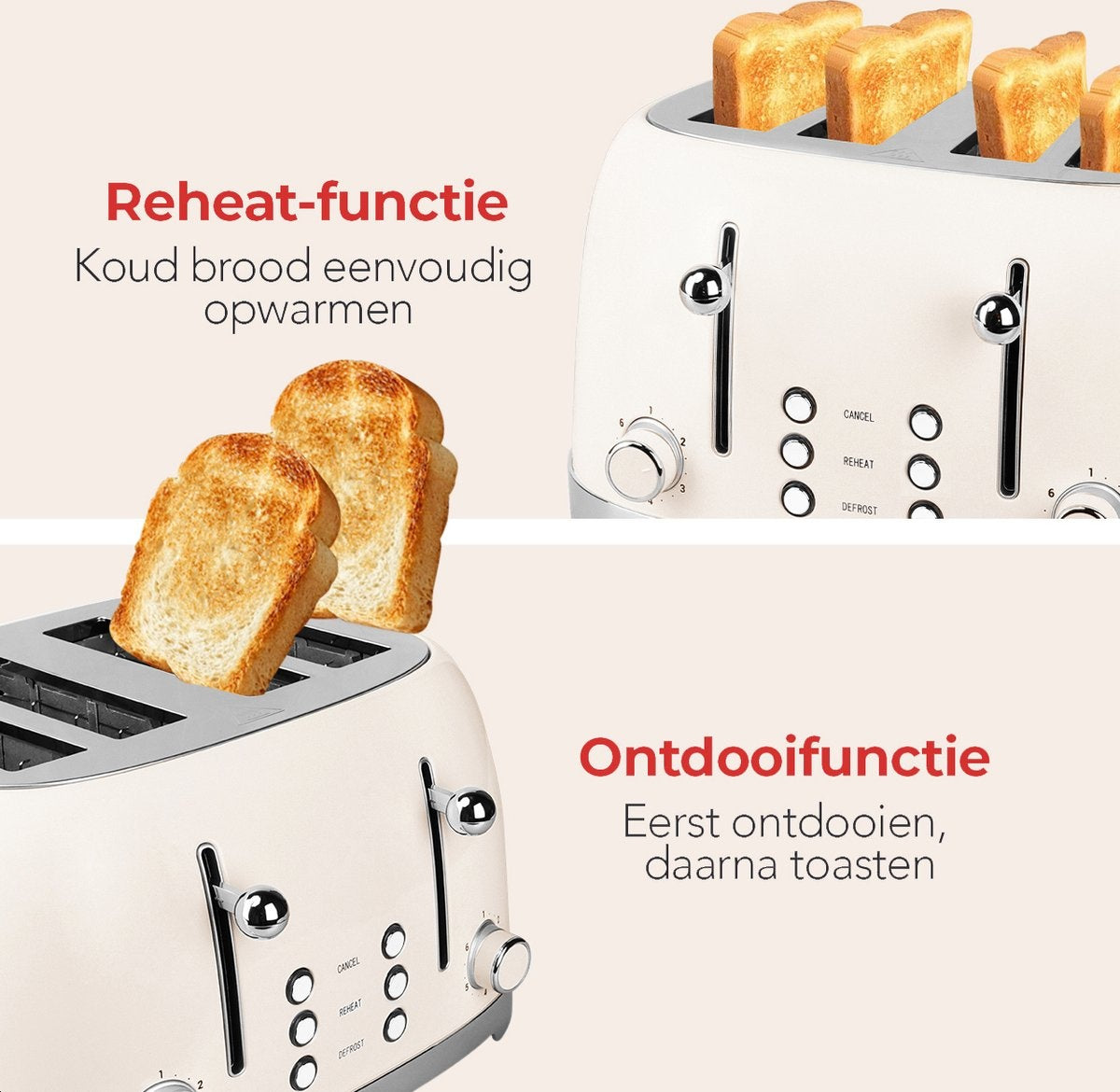 KitchenBrothers Retro Toaster - Toaster - 6 Heizstufen - 4 extra breite Schlitze - 1630W - Beige