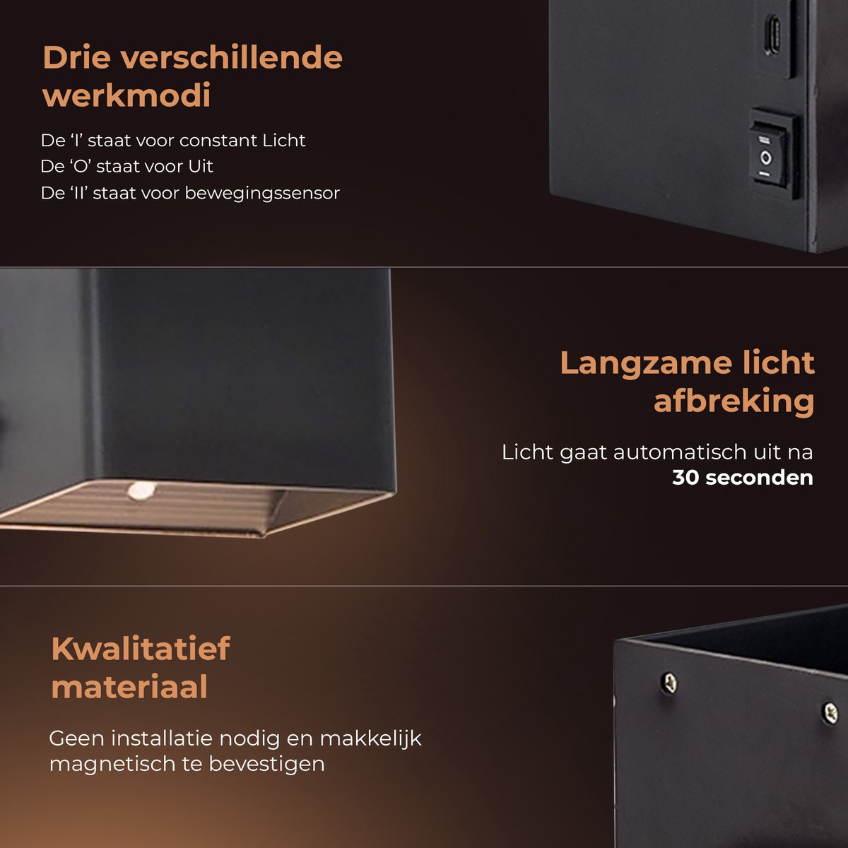 Techvavo® Wiederaufladbare Wandleuchte Schwarz - 1 Stück - 19x4x1,8 cm - Intelligenter Bewegungssensor - Für den Innenbereich - USB Wiederaufladbar - Kabellos - Wohnzimmer, Badezimmer, Schlafzimmer