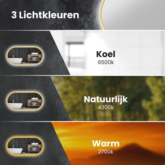 Mirlux Badezimmerspiegel mit LED-Beleuchtung & Heizung - Wandspiegel Oval - Goldrahmen - 90x50CM