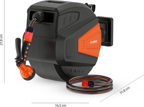 FlinQ Gartenschlauchtrommel 10 Meter - Automatische Schlauchtrommel - 180° drehbare Wandtrommel - Wandschlauchbox mit Gartenschlauch, Trommel und Sprinklerkopf - 9 Sprühmodi