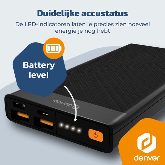 Denver Powerbank – 10.000 mAh – 22,5 W Schnellladung – LED-Anzeige – Notfallpaket – PQC10008