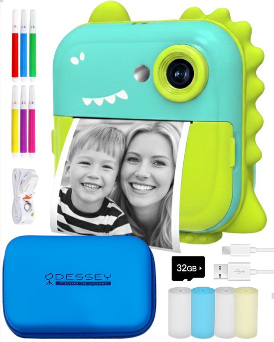 ODESSEY Kinderkamera mit Drucker - Full HD - Selfie-Kamera - 32GB SD-Karte - Foto - Video - Spiele - Digitalkamera Kinder - Fotokamera für Kinder - Dino