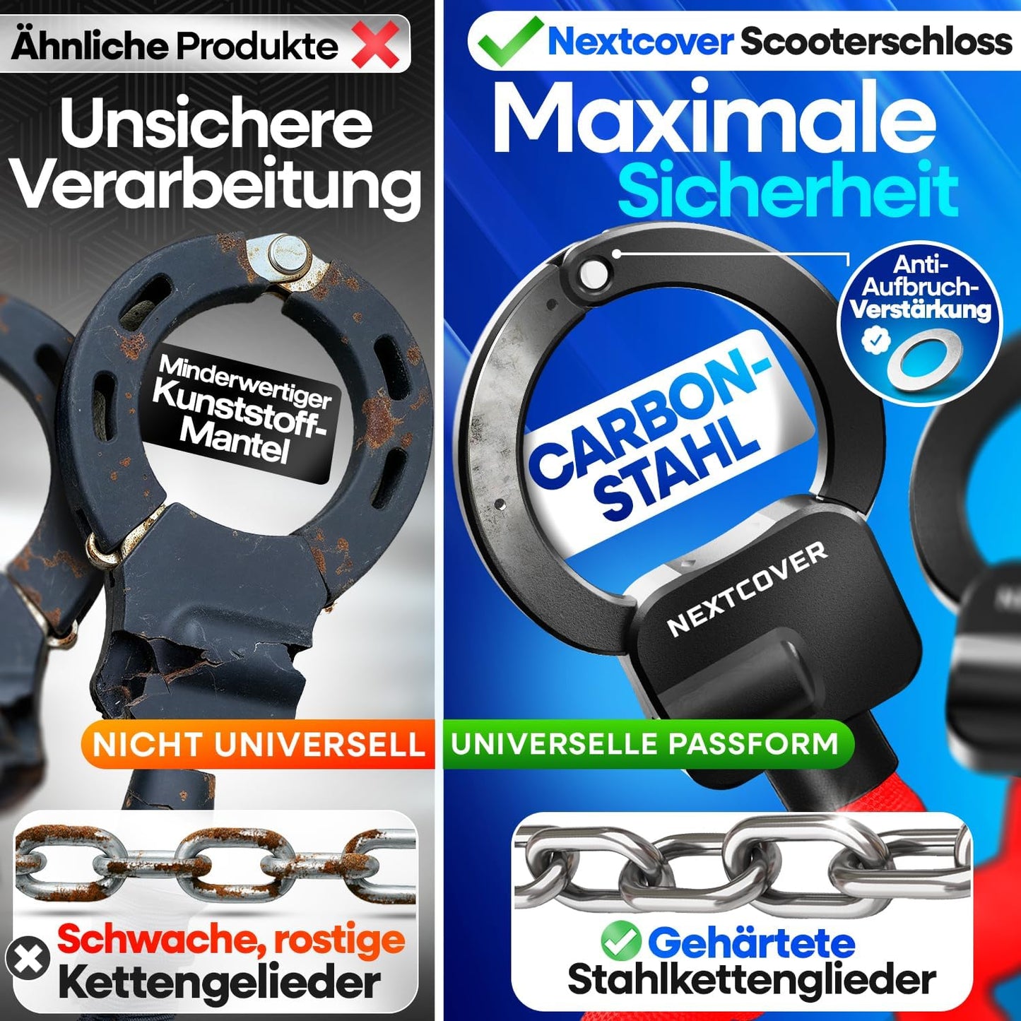 Nextcover E-Scooter-Schloss „Steel-Secure“ Kettenschloss – Rot – 25 x 13 x 13 cm – Schlüssel-Schloss für E-Bike und Roller