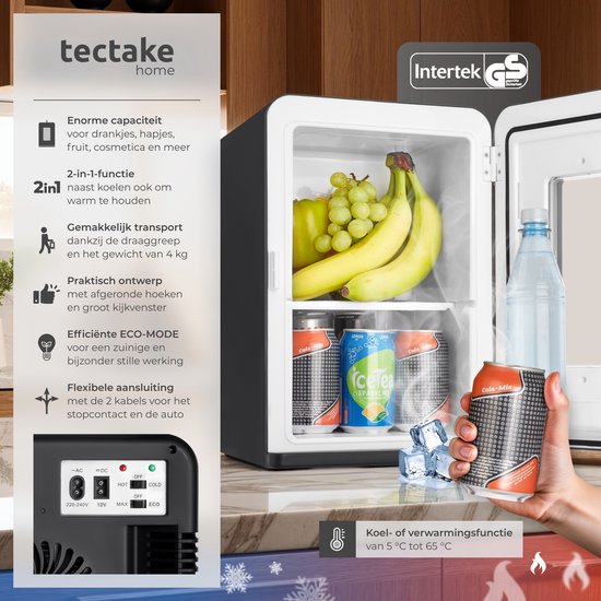 tectake® Mini-Autokühlschrank – Tragbare Minibar 14 l – 2-in-1-Funktion: Kühlen und Erwärmen – 5 bis 65 °C - Mini-Kühlschrank – Elektrische Kühlbox – 12 V + 220/240 V-Anschluss – Tragbarer Camping-Kühlschrank
