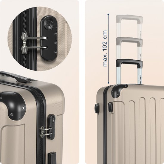 TRVLMORE Reisekoffer 70 l – Hartschalenkoffer aus ABS – 360°-Rollen – Zahlenschloss – Champagner