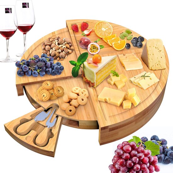 Villux Tapas-Brett – Snack-Brett – Servierbrett – Käsebrett – Häppchenbrett – inklusive Käsemesser – Tapas-Brett aus Bambus – rundes Snack-Brett – inklusive E-Book – ø 38 cm