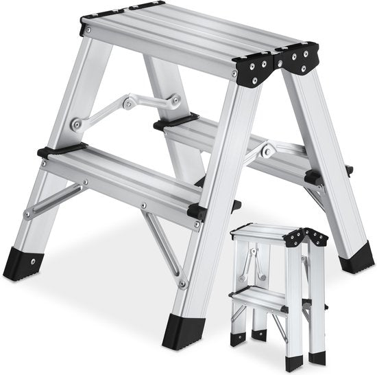 tectake® Doppelseitige Aluminium-Küchenleiter – 2 Sprossen – 38,5 cm – Stabile Leiter – Zusammenklappbare Trittleiter – Rutschfeste Haushaltsleiter