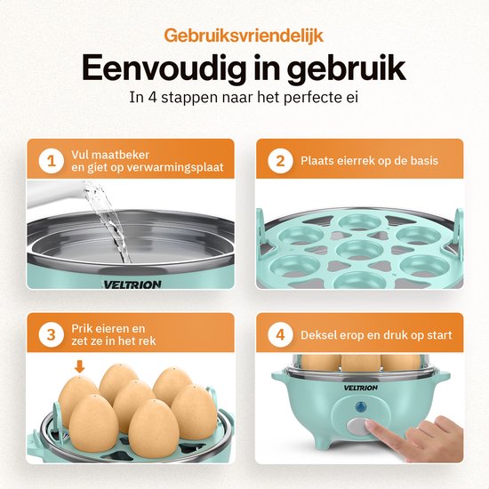 Veltrion Elektrischer Eierkocher – Für bis zu 7 Eier – Kochen, Pochieren, Rührei & Omelett – Inkl. Timer und praktischem Messbecher – Spülmaschinenfest – Blau