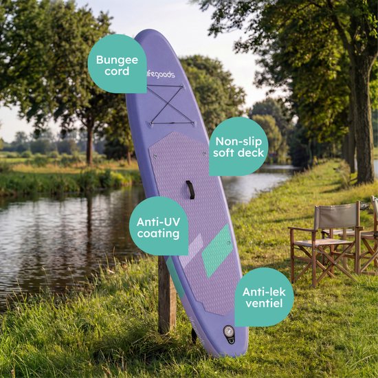 LifeGoods SUP Board All-round Compact - mit Sitz - 100 KG Tragfähigkeit - 300 x 76 cm - Aufblasbar - Komplettes SUP Paket - Lila