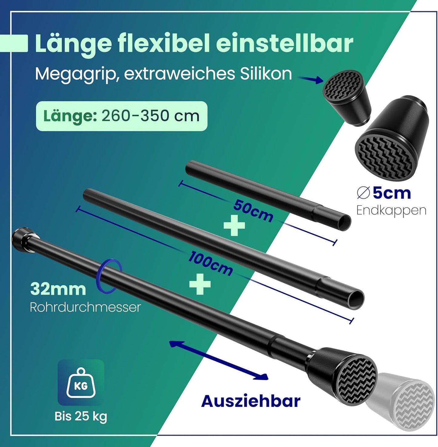 LOBUX® - Gardinenstange ohne Bohren [schwarz, 260-350cm] - Teleskopstange Gardinenverlängerung - Duschstange ohne Bohren - Gardinenstange, Duschvorhangstange, Kleiderstange, Klemmstange Katzennetz