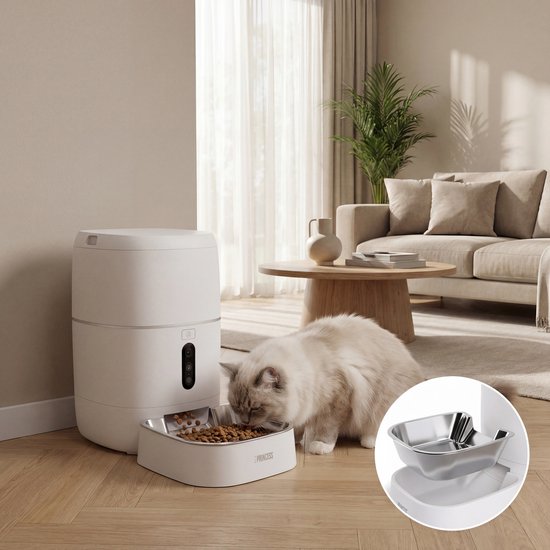 Princess Automatischer Fressnapf – HD-Kamera & Smart – 6 Liter – Katze & Hund – App-Steuerung – Geplante Fütterung – Edelstahlschüssel – Pufferbatterie – Futterautomat – Futterspender – 610065