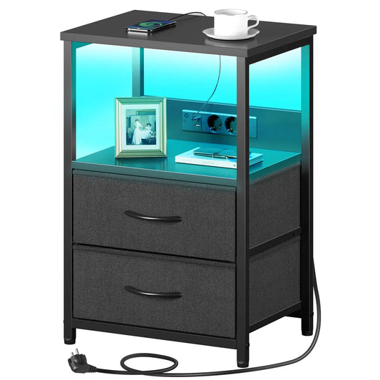 Rolanstar LED-Nachttisch mit Ladestation – 2 Schubladen – USB-Anschluss und Steckdose
