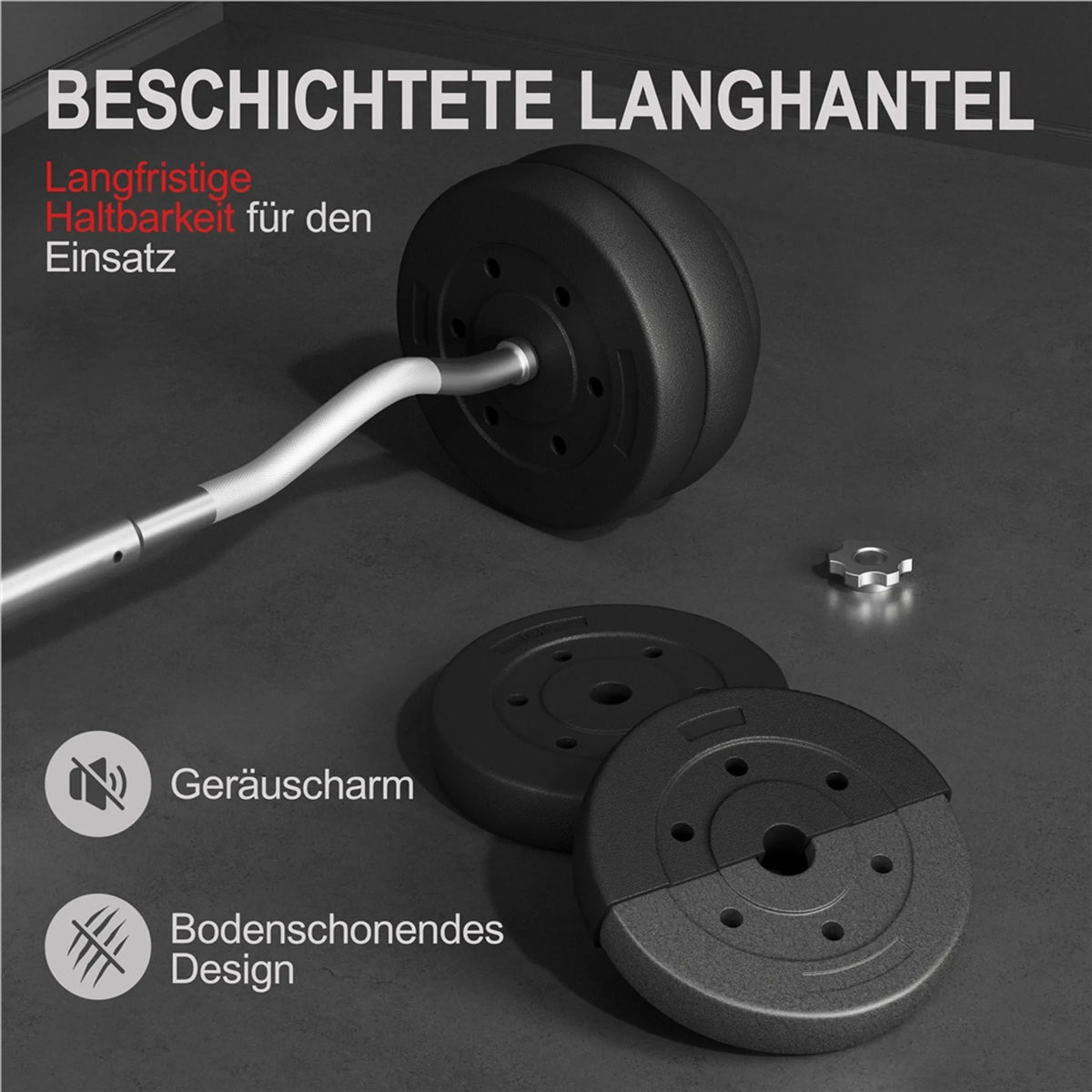 Yaheetech EZ-curl Hantelset 30 kg - Ausgestattet mit verchromter Curl-Stange und 6 Betongewichtsscheiben und Schlössern - Für Krafttraining und Muskelaufbau - Schwarzes Metall, Kunststoff und Beton - 120 x 26 x 26 cm