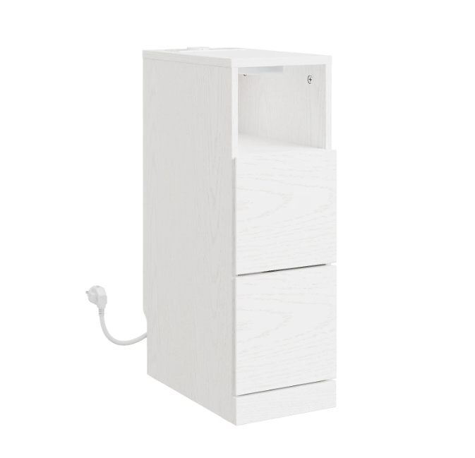 SoBuy Nachttisch 35 x 20 x 60 cm – Cremeweiß – 2 Schubladen – LED-Beleuchtung – USB-Anschluss und Steckdose