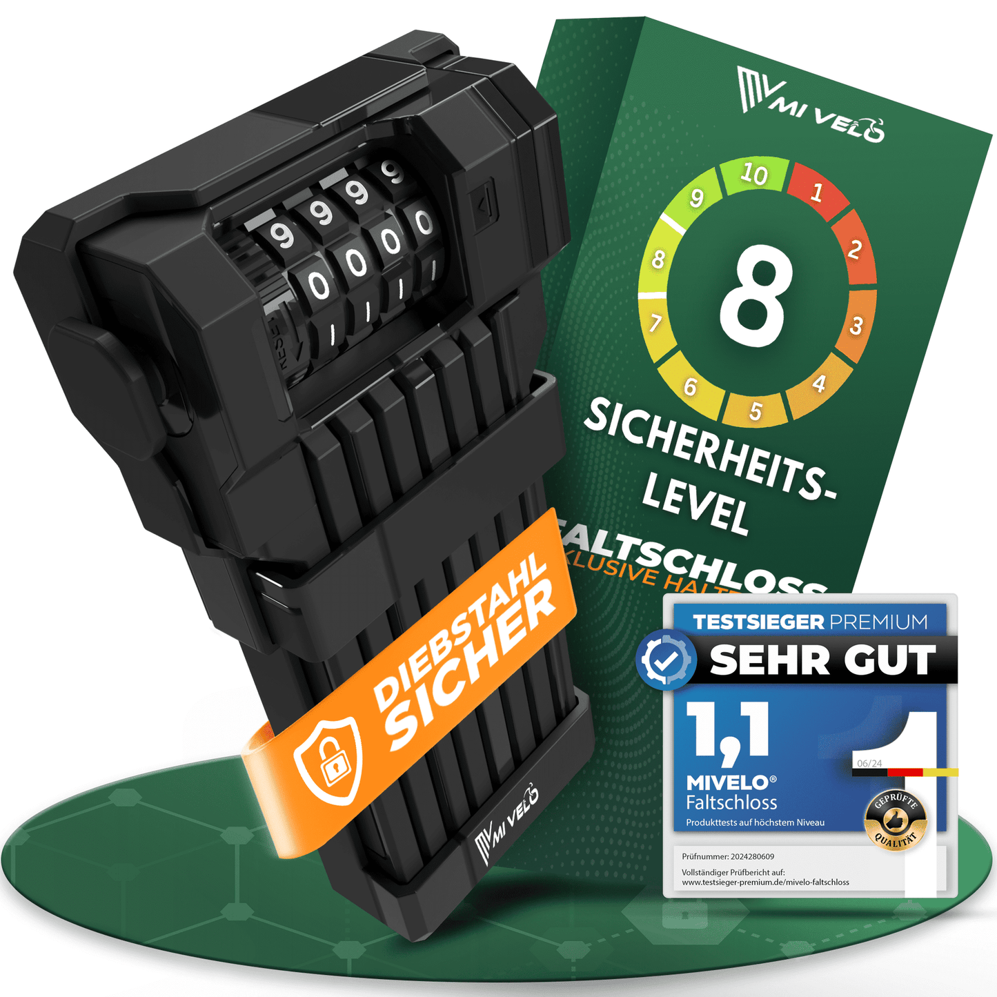 MIVELO Faltschloss mit Zahlencode - 85 cm lang - Sicherheitsstufe 08/10 - Kohlenstoffstahl - Schwarz