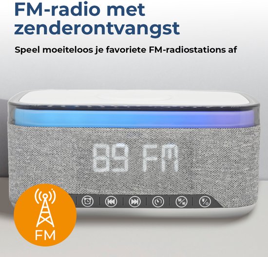 Denver Wecker mit kabellosem Ladegerät - Weißes Rauschen - Digitaler Wecker - Bluetooth - FM-Radio - Dualer Alarm - Dimmer - CRQ225