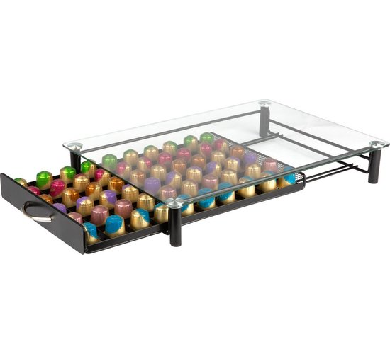 KitchenBrothers Kapselhalter - mit Schublade - Nespresso - 60 Kapseln - Glas - Edelstahl/Schwarz