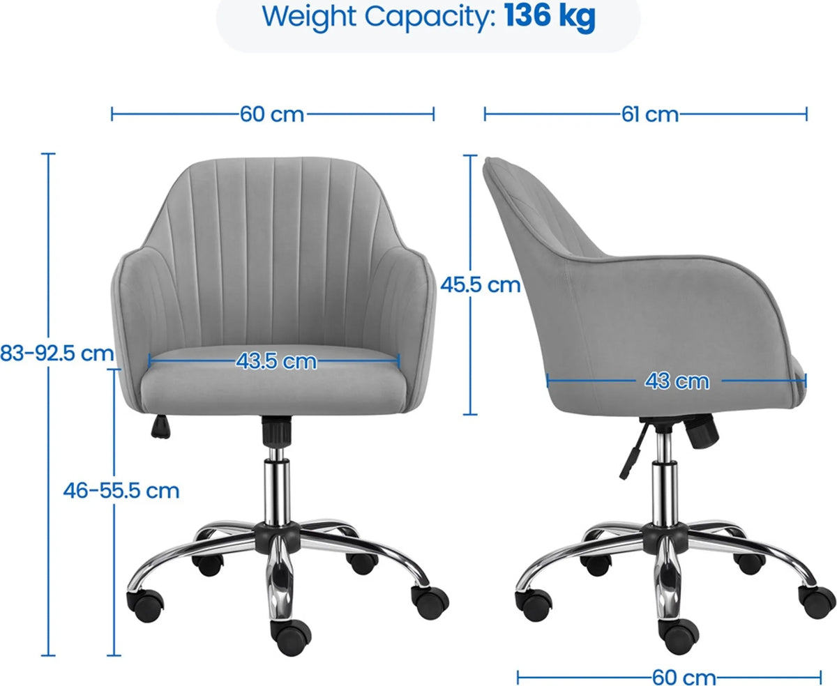 Yaheetech Bürostuhl Ergonomisch - Verfügt über luxuriöse Samtpolsterung und höhenverstellbaren Gaslift und 360° drehbare Nylon-Räder - Für Büro und Studie - Hellgrau Metall - 60 x 61 x 83-92,5 cm