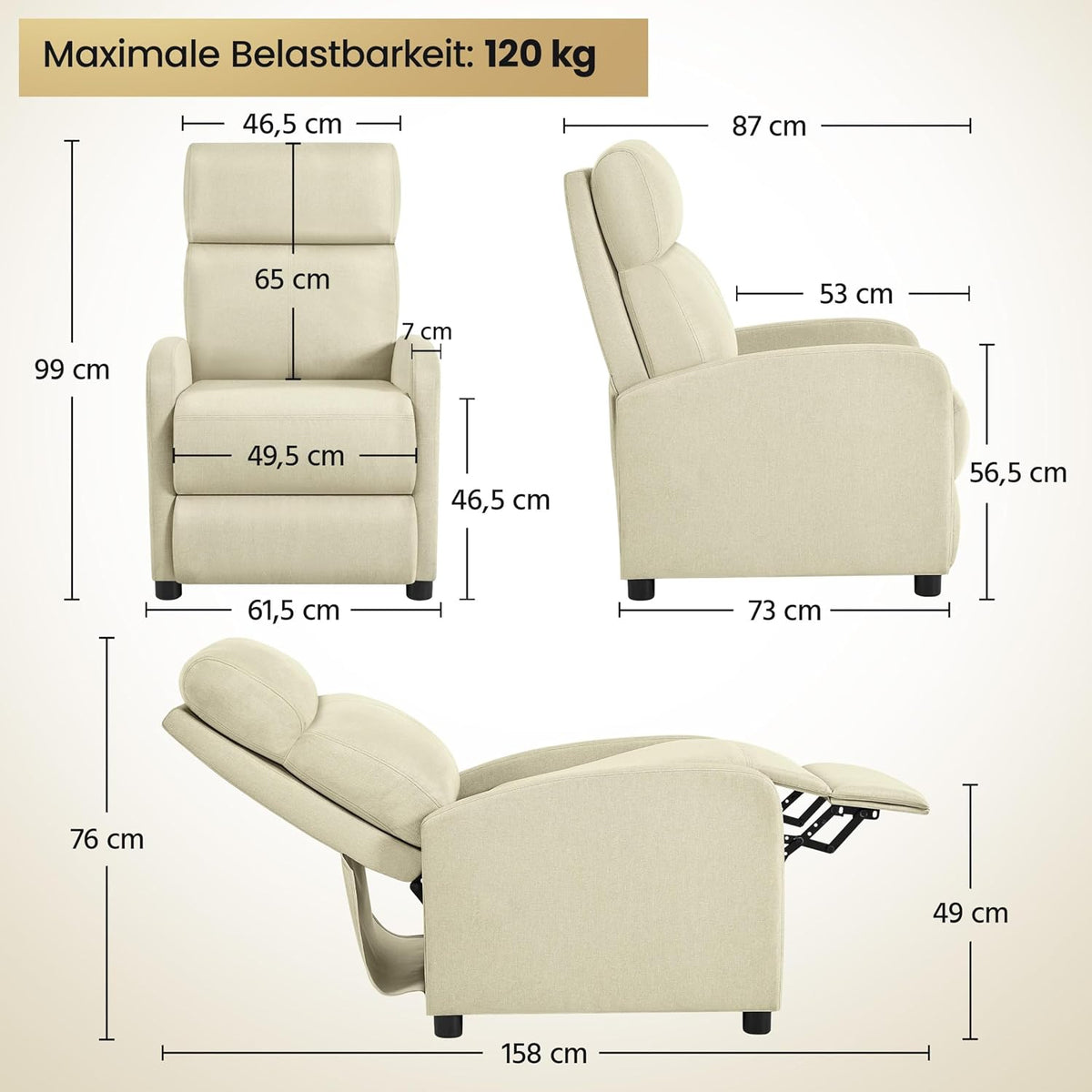 Yaheetech Relaxsessel TV-Sessel – 87 x 61,5 x 99 cm – Verstellbare Fußstütze – Beige