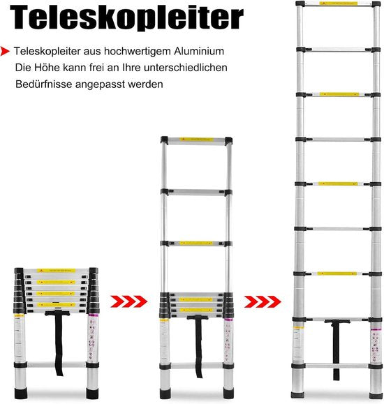 Teleskopleiter – Teleskop-Klappleiter – Arbeitshöhe – Aluminium – Für den privaten und professionellen Gebrauch geeignet – Teleskop-Klappleiter – Max. Tragkraft 150 kg