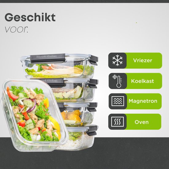 Savoré Küche Aufbewahrungsschalen Set - mit Dampf Deckel - Mahlzeit Prep Trays - Gefrierschrank Tabletts Glas - luftdicht - 5 Stück - 1040 ML