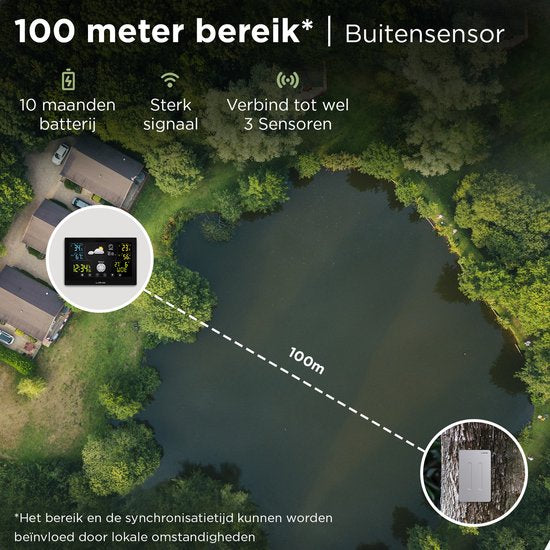LONQ Innen- und Außenwetterstation Q3 - inkl. Batterien - Funkwetterstation mit Außensensor - Thermometer Hygrometer - Touchscreen Farbdisplay - DCF-gesteuerte Uhr