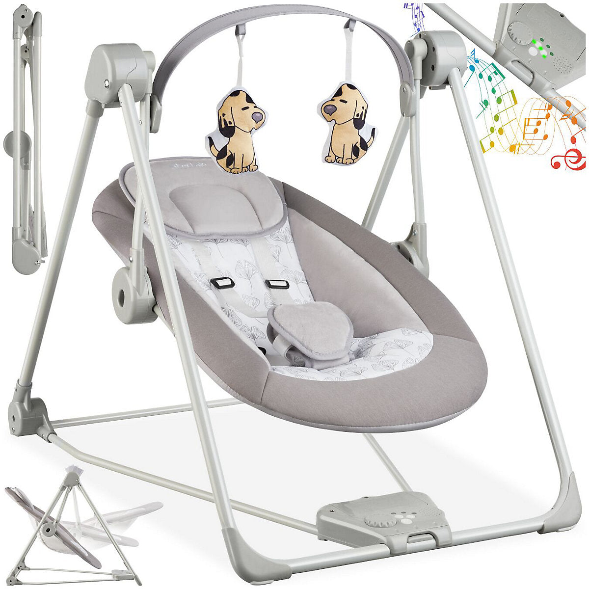 Tectake Babyschaukel 75,5 x 56 x 68 cm – 5 Geschwindigkeitsstufen/Timer – 4 Geräusche – Hellgrau