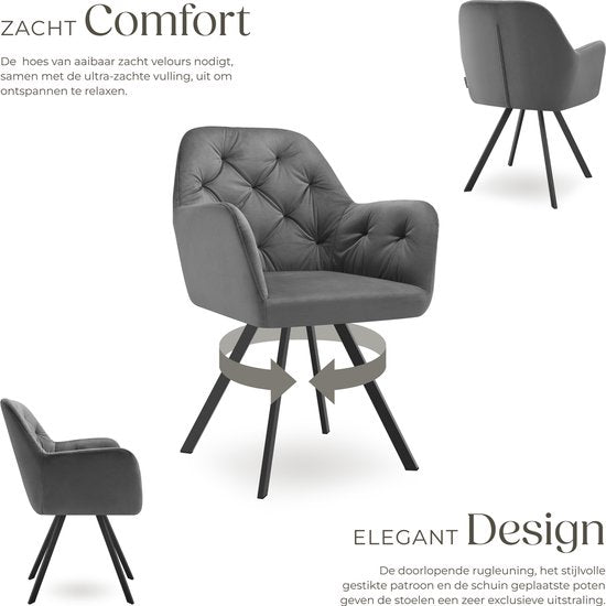 tectake - Drehstuhl in Samtoptik - Esszimmerstuhl mit Armlehnen - Ergonomischer Sitz und Rückenlehne - 180-Grad-Drehung - Moderner Stuhl mit Stahlbeinen - Verschiedene Farben - Anthrazit
