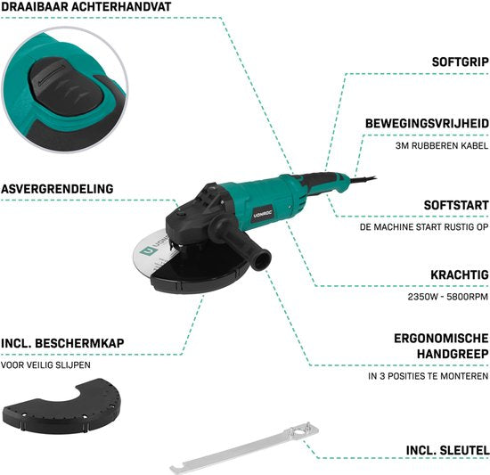 VONROC - Winkelschleifer - 2350W - Ø230mm - 5800 U/min - inkl. Seitengriff für Links- und Rechtshänder - 3 Meter Gummikabel - exkl. Schleifscheibe