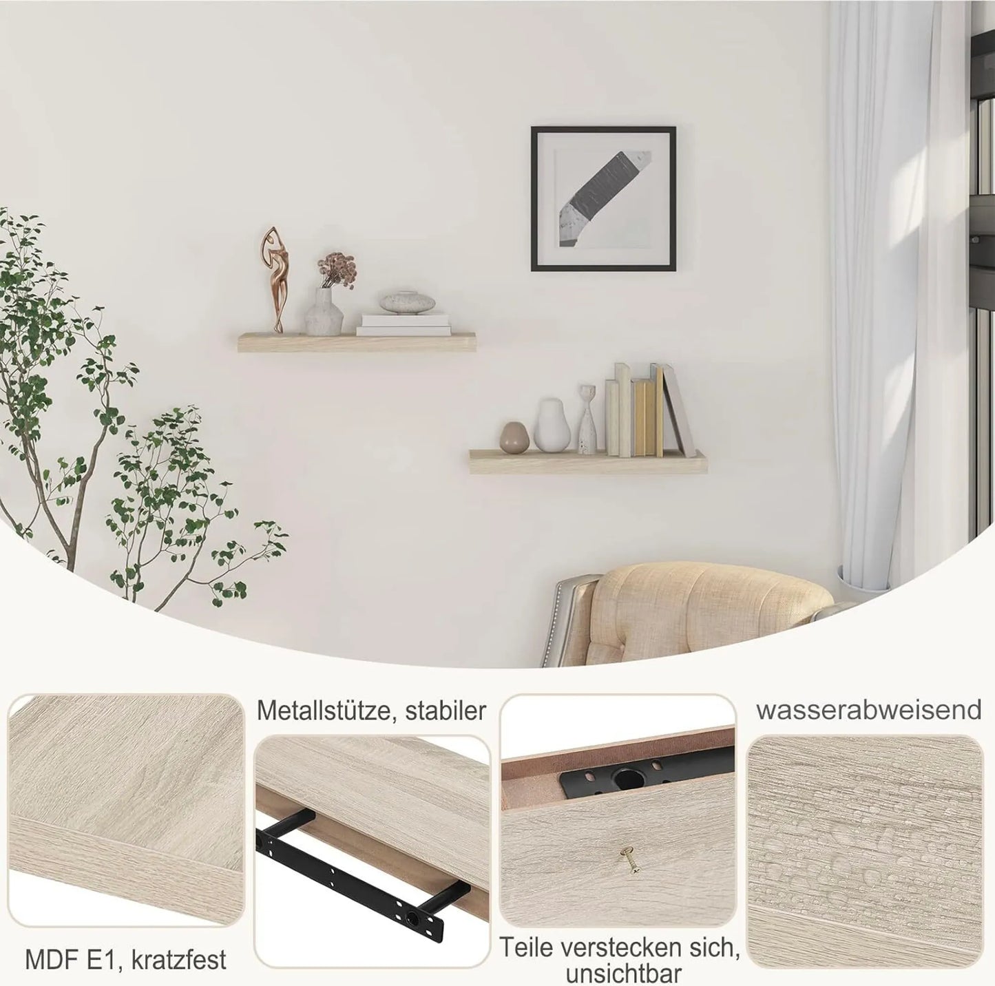 EUGAD Wandregal schwebend - Mit verdeckten Metallbefestigungsklammern und vorgebohrten Löchern und Landhausfurnier - Für Wohnzimmer und Küche - Graues Mdf Holz - 60 x 23 x 3,8 cm