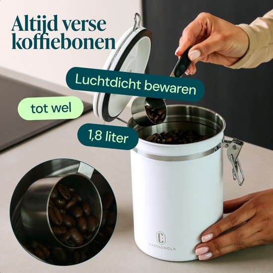 Castagnola Kaffeedose 1,8 l – Weiß – Luftdichte Kaffeedose mit CO₂-Ventil und Datumsanzeige