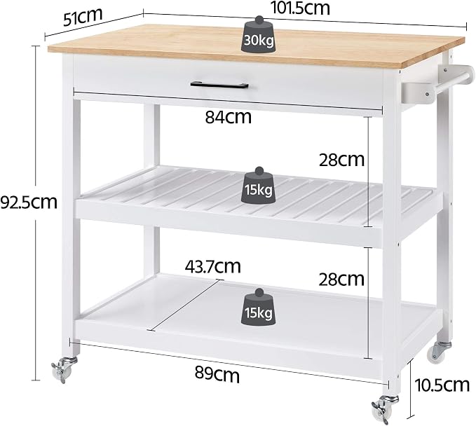 Yaheetech Küchenwagen 101,5 x 51 x 92,5 cm – 2 Ebenen – Schublade – 4 Räder – Weiß/Natur