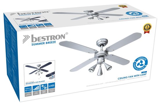Bestron Deckenventilator mit Beleuchtung, 3 Geschwindigkeiten & extra großer Spannweite von Ø102cm, inkl. Sommer-/Winterfunktion, 3 x GU10 LED-Leuchten, 50Watt, DLHB42S, Farbe: silber/blau