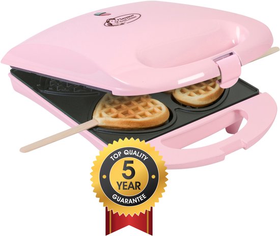 Bestron Waffeleisen – DSW271P – 1400 W – 4 Mini-Waffeln in Herzform – inkl. 20 Holzstäbchen – Rosa