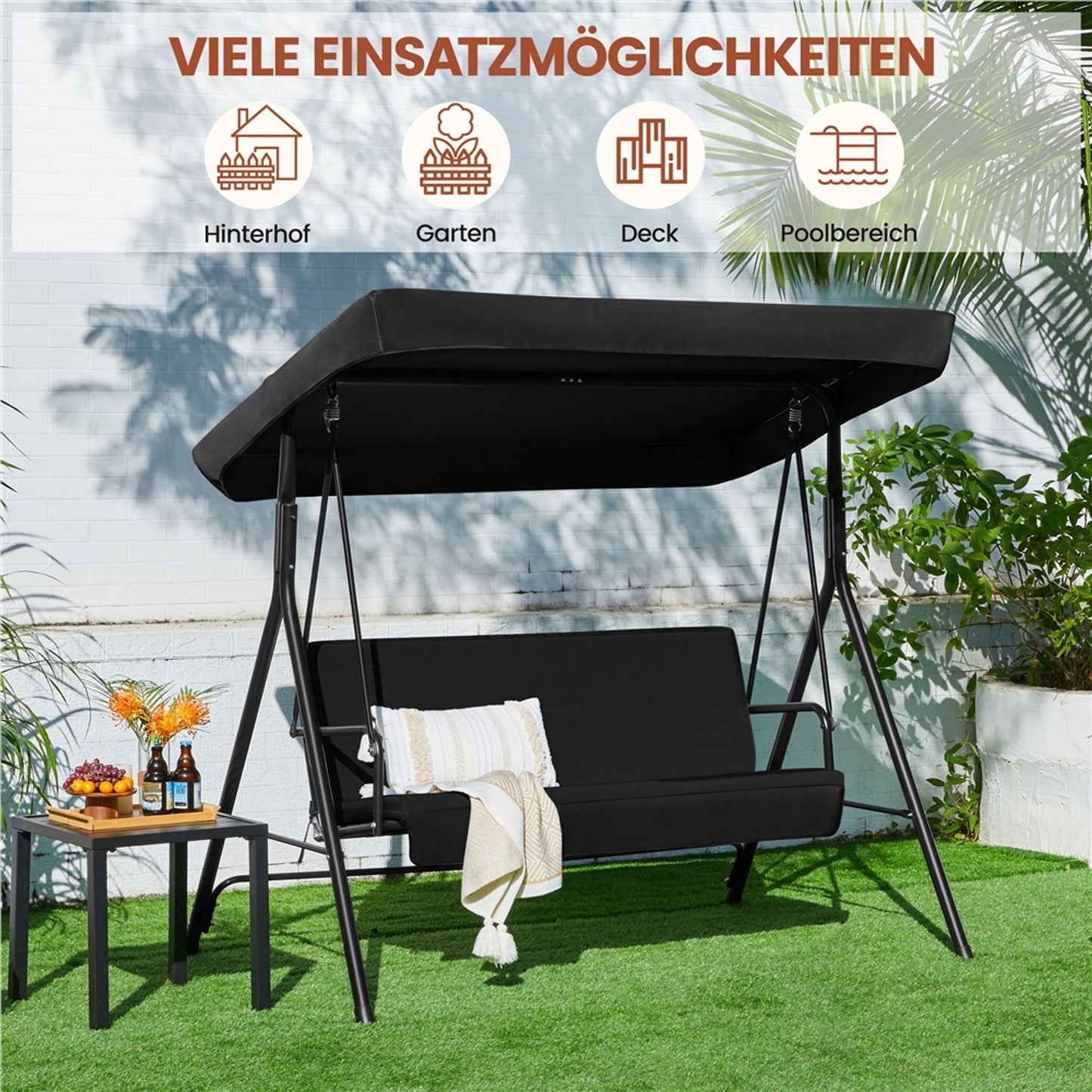 Yaheetech 3-Sitzer-Hollywood-Schaukelstuhl mit verstellbarem Sonnendach – 170 x 112,5 x 162,5 cm – Schwarz