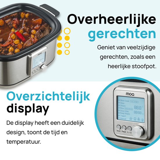MOA Multicooker - Slowcooker - 8 Kochfunktionen - 6 Liter - 1250W - Reiskocher - Dampfgarer - Sous Vide Kocher - Joghurtbereiter - Edelstahl - MC01S
