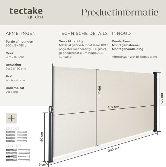 tectake® Ausziehbarer Windschutz mit Aufrollmechanismus – 300 x 180 cm – Seitenmarkise mit Aluminiumrahmen – Sonnenschutz – Gartenschutz – Beigefarbene Balkonmarkise – Undurchsichtiger Sichtschutz – Markisentuch