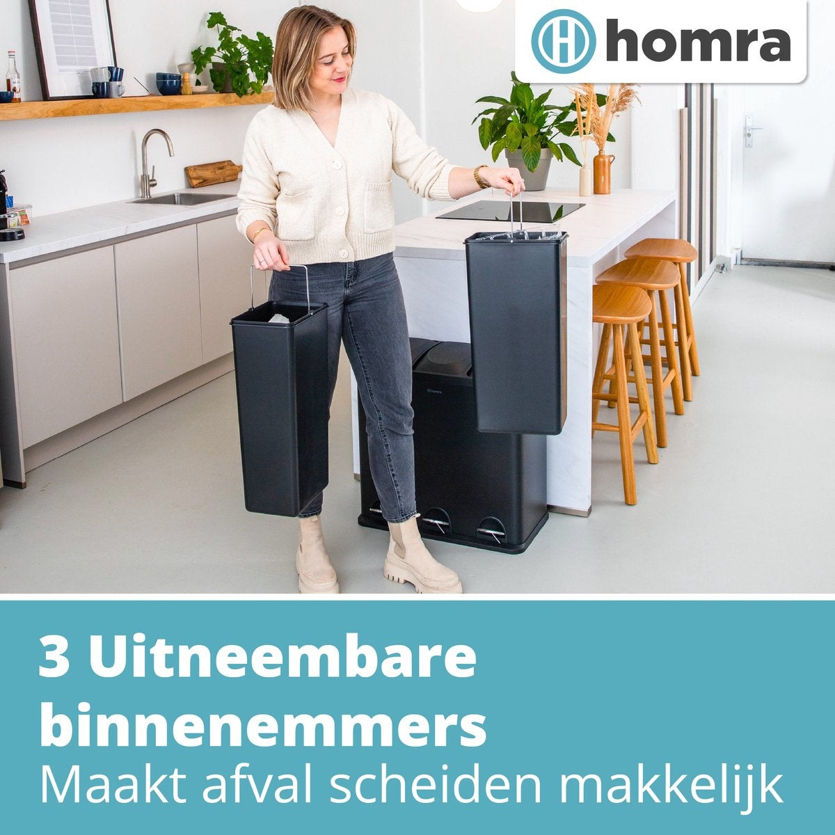 Homra MAXER Treteimer - Mülleimer 3 Fächer - Abfalleimer 60 Liter (3x 20L) - Trio-Eimer - Schwarz