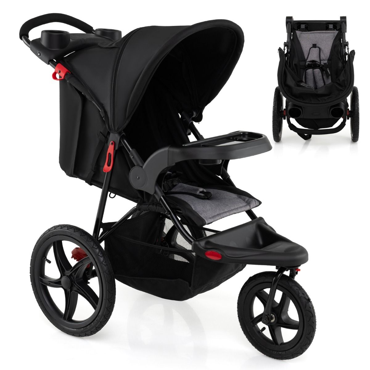 Coast Jogging-Kinderwagen – Zusammenklappbarer Kinderwagen – Verstellbares Sonnendach – Neigbarer Sitz – Schwarz