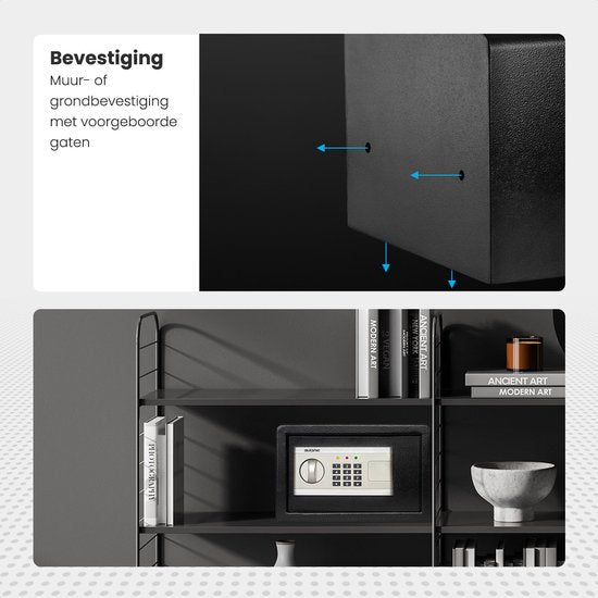 Auronic Electronic Safe - Zahlenschloss - Schlüssel - Wandmontage - 4.3cm Tür - 130dB Alarm - 8L - 31x20x20cm - 4.5KG - Stahl - Schwarz
