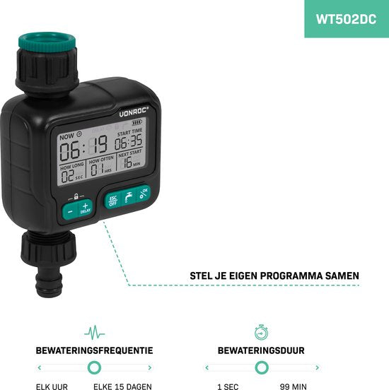 VONROC Bewässerungsuhr - Digital - Automatisch - Intervall und Dauer einstellbar: 1h bis 15 Tage/ 1sec bis 99min - IPX5 wasserdicht