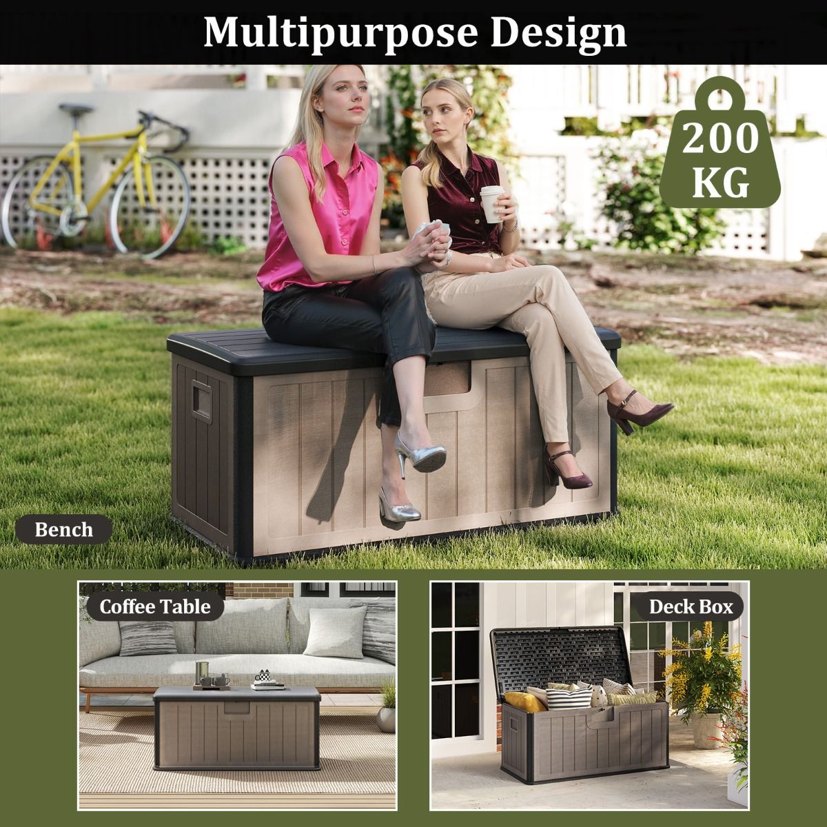 Coast Gartenbox – Kissenbox 378 Liter – Wasserdicht – Mit abschließbarem Deckel – Schwarz und Braun